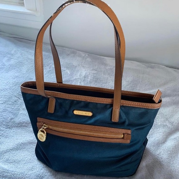 Michael Kors Navy Blue/Brown Nylon Tote Purse - Picture 2 of 7